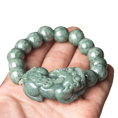 Bracelet en jadeit sculpté Huile verte Pixiu Hommes et femmes Bracelets de charme Accessoires Ringe cadeau d'anniversaire Diamètre de perles 13 mm