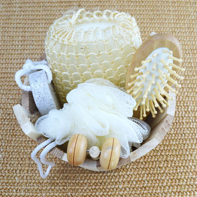 Nettoyage du corps Ensemble de bain en bois avec brosse à cheveux Pumice Stone Bath Pouf Sisal Massageuse à éponge 6Pcs Spa Bath Beauty Gift Set