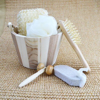 Nettoyage du corps Ensemble de bain en bois avec brosse à cheveux Pumice Stone Bath Pouf Sisal Massageuse à éponge 6Pcs Spa Bath Beauty Gift Set