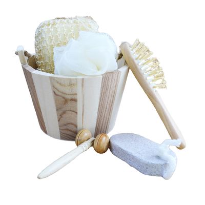 Masseur corporel ensemble bain à fûts cinq pièces avec pierre ponce Masseur facial shampooing peigne éponge de toilette et pouf de douche