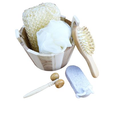 Masseur corporel ensemble bain à fûts cinq pièces avec pierre ponce Masseur facial shampooing peigne éponge de toilette et pouf de douche
