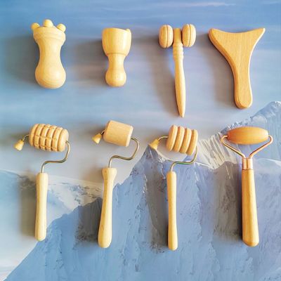 Logo personnalisé DisponibleD Beech Facial Mini Outils de sculpture de bois de la thérapie du visage de massage de rouleau de séries en bois de la thérapie du visage kits