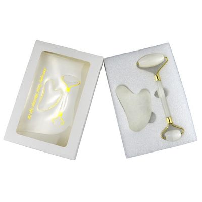 Massageur naturel de pierre de jade blanche Gua Sha Scraping Board Guasha Face Roller Gift Box Set Spa Massage Tools Soins de la peau Routine de beauté du visage