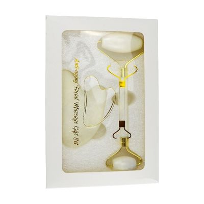 Massageur naturel de pierre de jade blanche Gua Sha Scraping Board Guasha Face Roller Gift Box Set Spa Massage Tools Soins de la peau Routine de beauté du visage