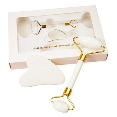 Logo personnalisé Disponibled White Jade Roller et Guasha Set pour le massage facial Gua Sha avec boîte cadeau pour les muscles du corps