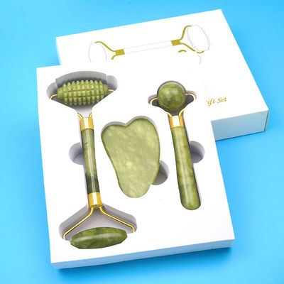 Muscles du corps Natural Jade Stone Gua Sha Scraping Board Guasha Face Roller Boîte cadeau à trois pièces Ensemble d'outils de massage de spa Soins de la peau Beauté du visage