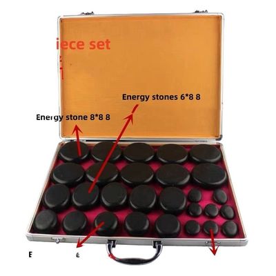 Massage musculaire Kit de massage en pierre chaude Boîte de chauffage en aluminium avec 28 pièces de pierres énergétiques basaltiques en noir