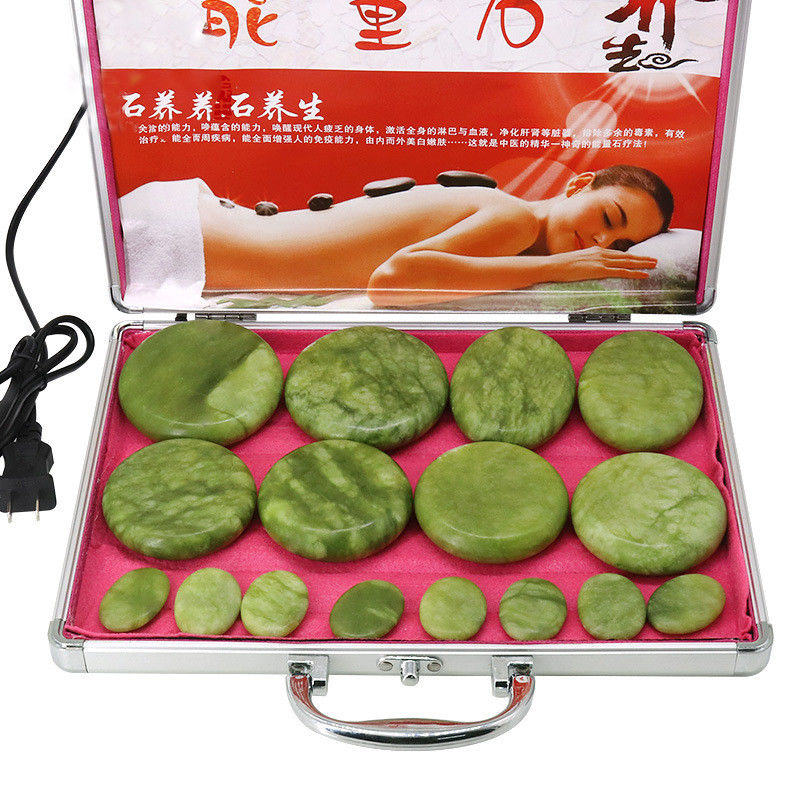 Outils de massage pierre d'olivine masseur pierre avec boîte de chauffage en aluminium kit de massage thermique pierres énergétiques de basalte pour les soins de santé