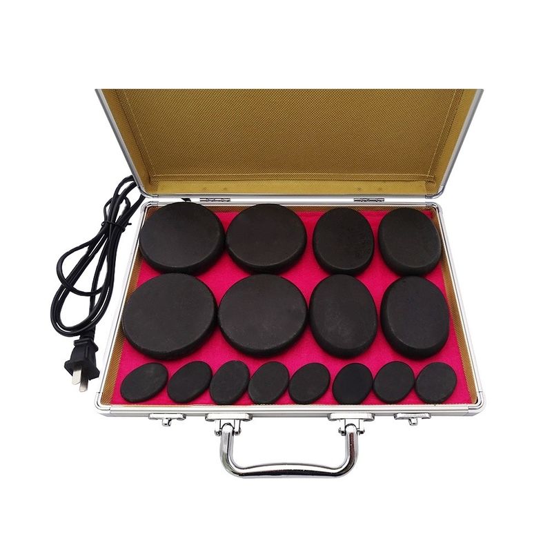 16 pièces ensemble de massage en pierre chaude avec chauffage ensemble de chauffage basalte chauffage ensemble de massage en pierre noire avec boîte de chauffage en aluminium