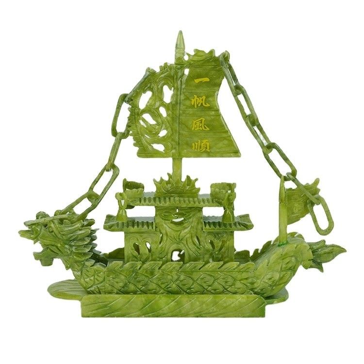 Artisanat de 28 cm Décoration chinoise de bonne chance en pierre de jade Artisanat de bateaux de dragon pour ornement / cadeau