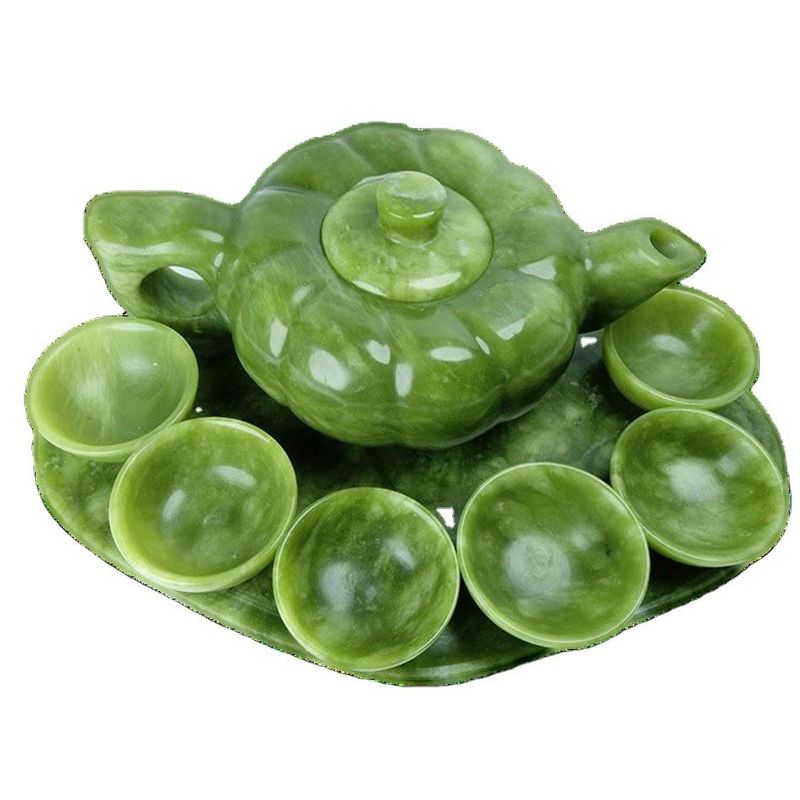 Set de théière de jade artisanale traditionnelle chinoise avec 6 tasses et 1 plaque de jade Collection de pierres précieuses d'édition limitée
