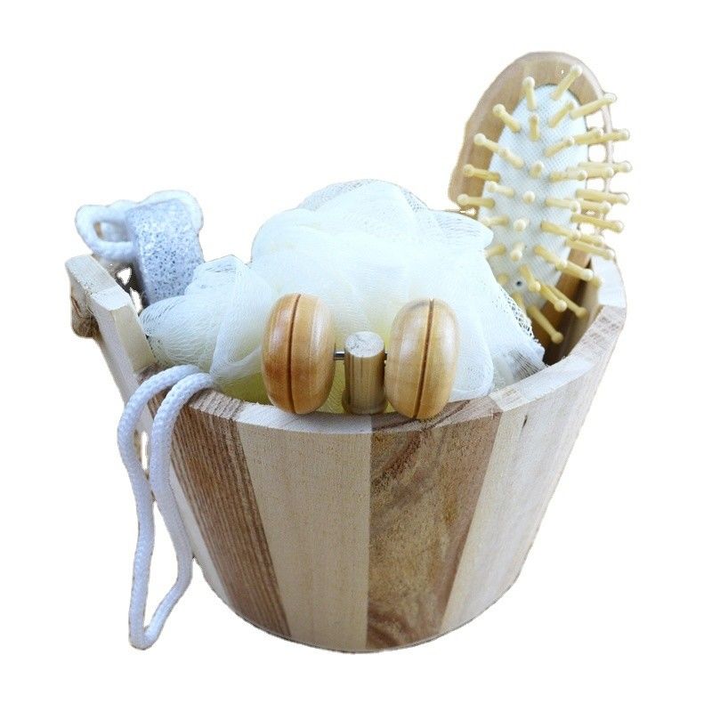 Nettoyage du corps Ensemble de bain en bois avec brosse à cheveux Pumice Stone Bath Pouf Sisal Massageuse à éponge 6Pcs Spa Bath Beauty Gift Set