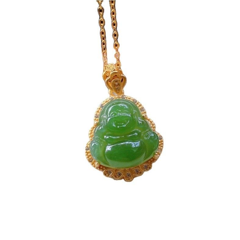 925 Nephrite vert incrusté en argent Jade Riant Bouddha Collier Pendentif avec pierres cristallines et petite taille