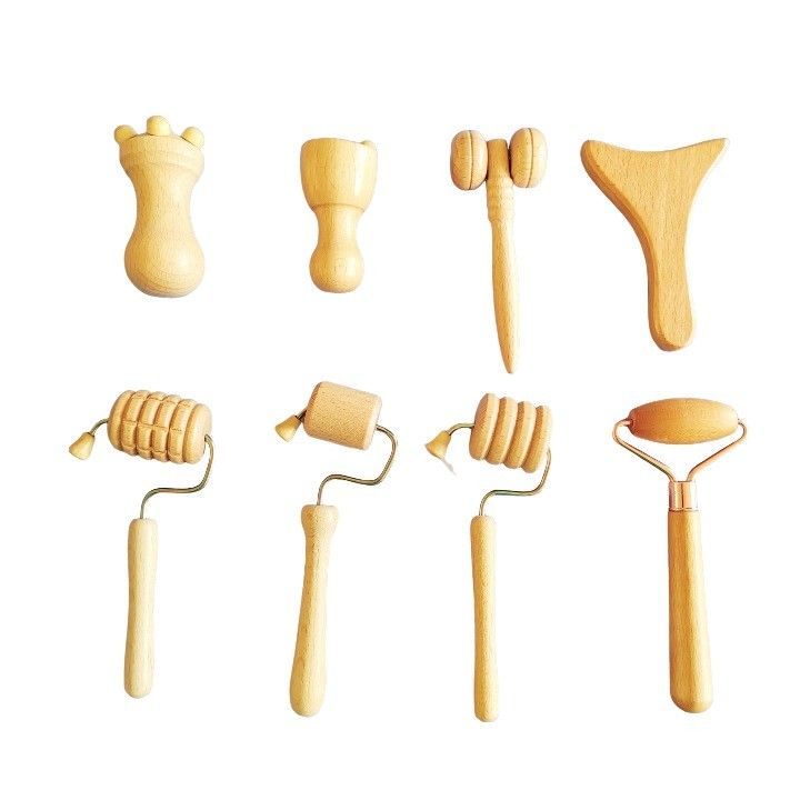 Logo personnalisé DisponibleD Beech Facial Mini Outils de sculpture de bois de la thérapie du visage de massage de rouleau de séries en bois de la thérapie du visage kits