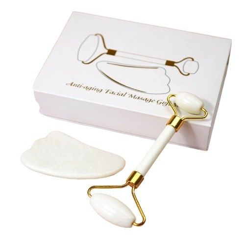 Logo personnalisé Disponibled White Jade Roller et Guasha Set pour le massage facial Gua Sha avec boîte cadeau pour les muscles du corps