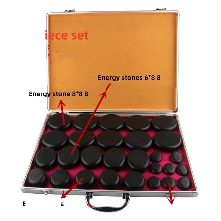 Massage musculaire Kit de massage en pierre chaude Boîte de chauffage en aluminium avec 28 pièces de pierres énergétiques basaltiques en noir