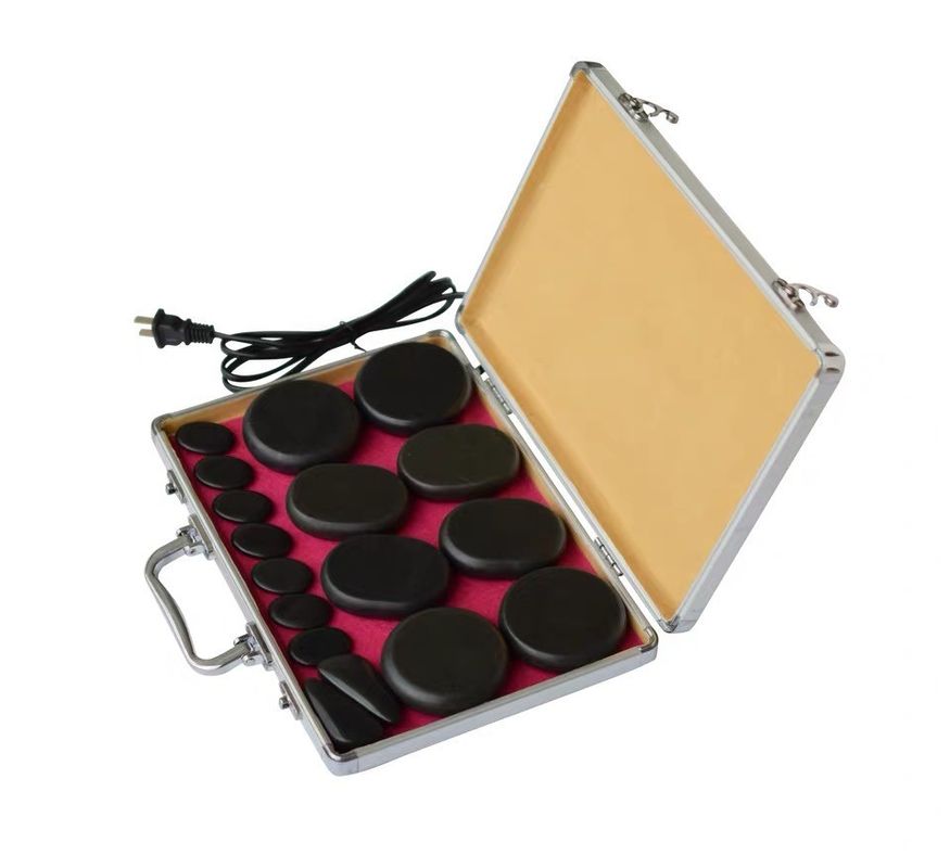 Logo personnalisé Disponibled Spa Massage à la pierre chaude Essentiel avec 18 piles de pierres énergétiques de basalte et boîte de chauffage en aluminium