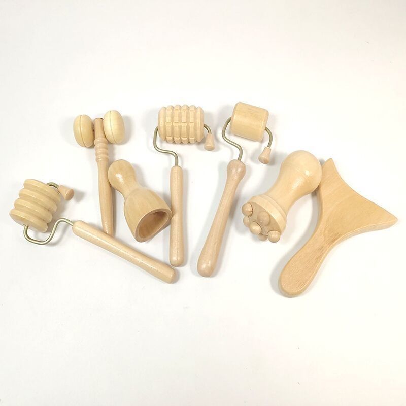 7 pièces ensemble de masseur en bois pour rouleau de Gua Sha et rouleau manuel en bois corps outil de massage Guasha